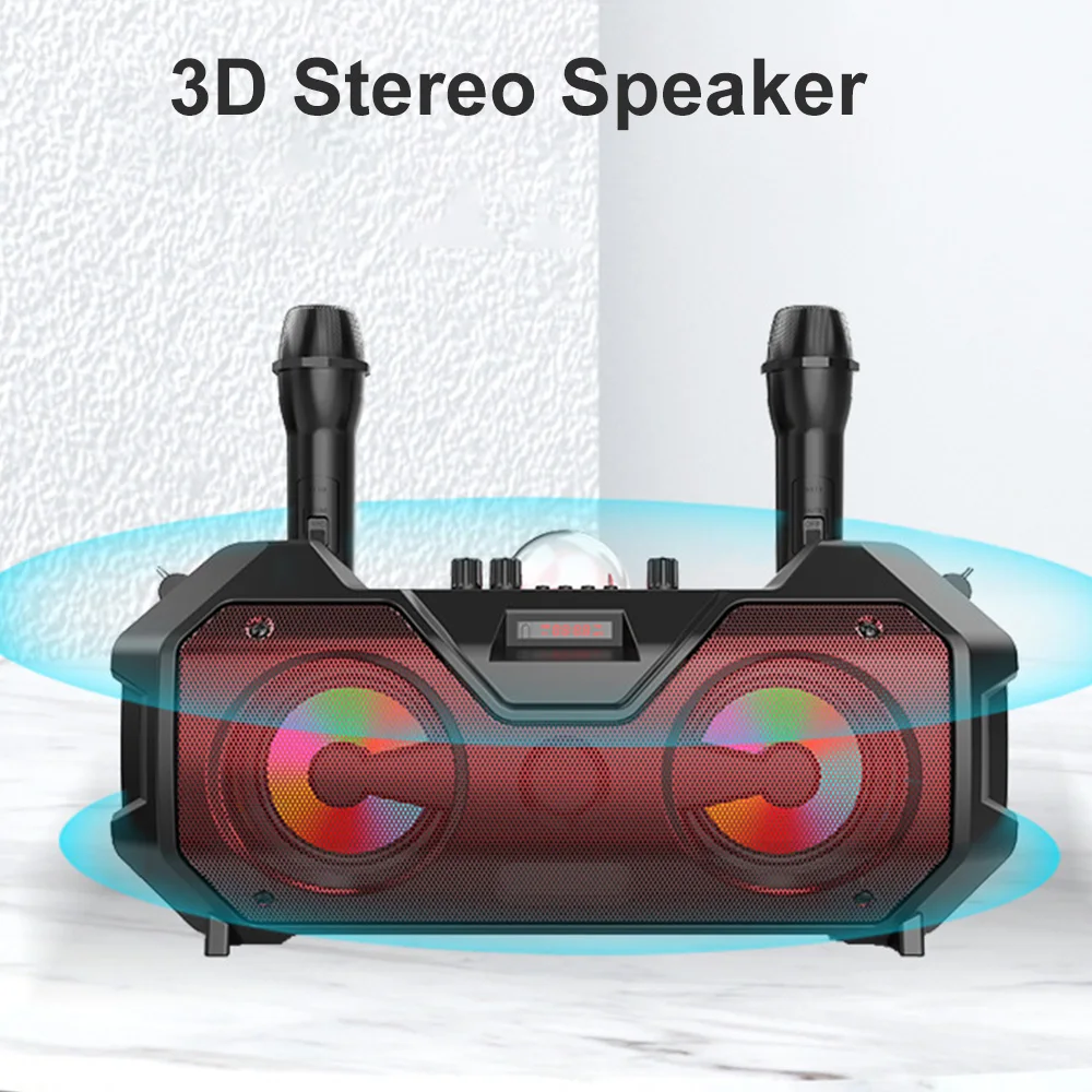 

Outdoor Portable Bluetooth Speaker with Dual Wireless Mic 3D Stereo Subwoofer Colorful Atmosphere Light FM TF Card Karaoke Audio