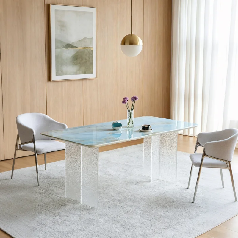 Any Size Custom Organic Modern Blue Crystal Marble Dining Table Multi Stone Choice Acrylic Base Heat Resist Home Living Furnish