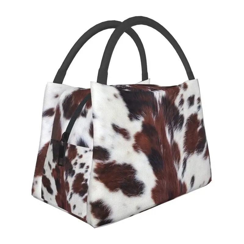 

Custom Longhorn White Brown Cowhide Skin Fur Lunch Bag Men Women Warm Cooler Insulated Lunch Box for Office Travel