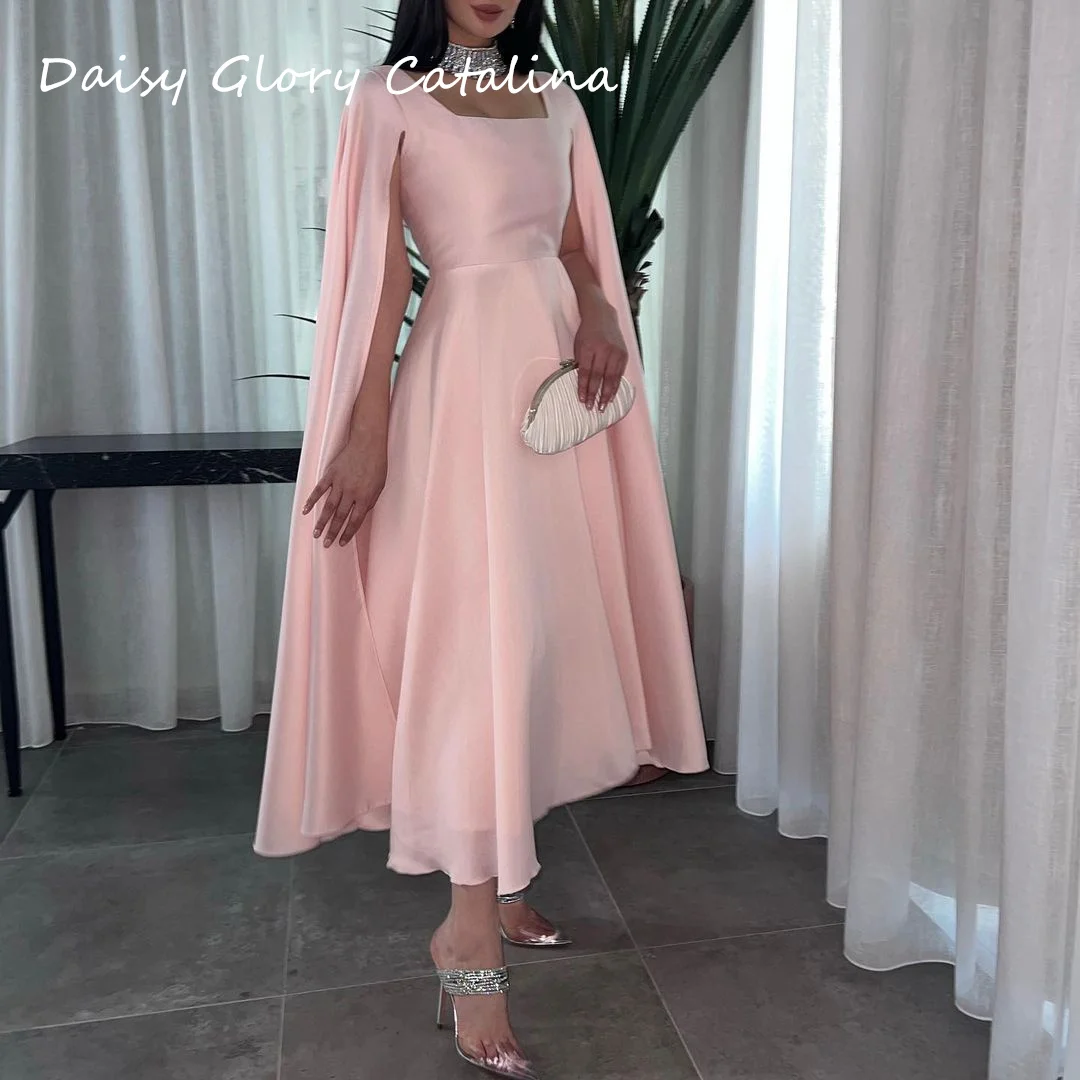 

Pink Luxury Dress Long Sleeves Square Neck Evening Dress Ankle Length Back Zipper Prom Gown For Women Formal Wedding Party Dress