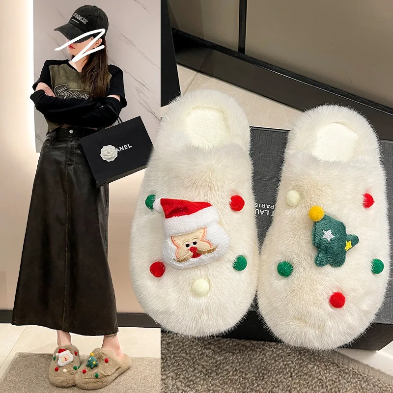 Winter Christmas tree Claus Fluffy Cute Slippers Cartoon Winter Couple House Warm Shoes Designer Flat Casual New Year's Gift