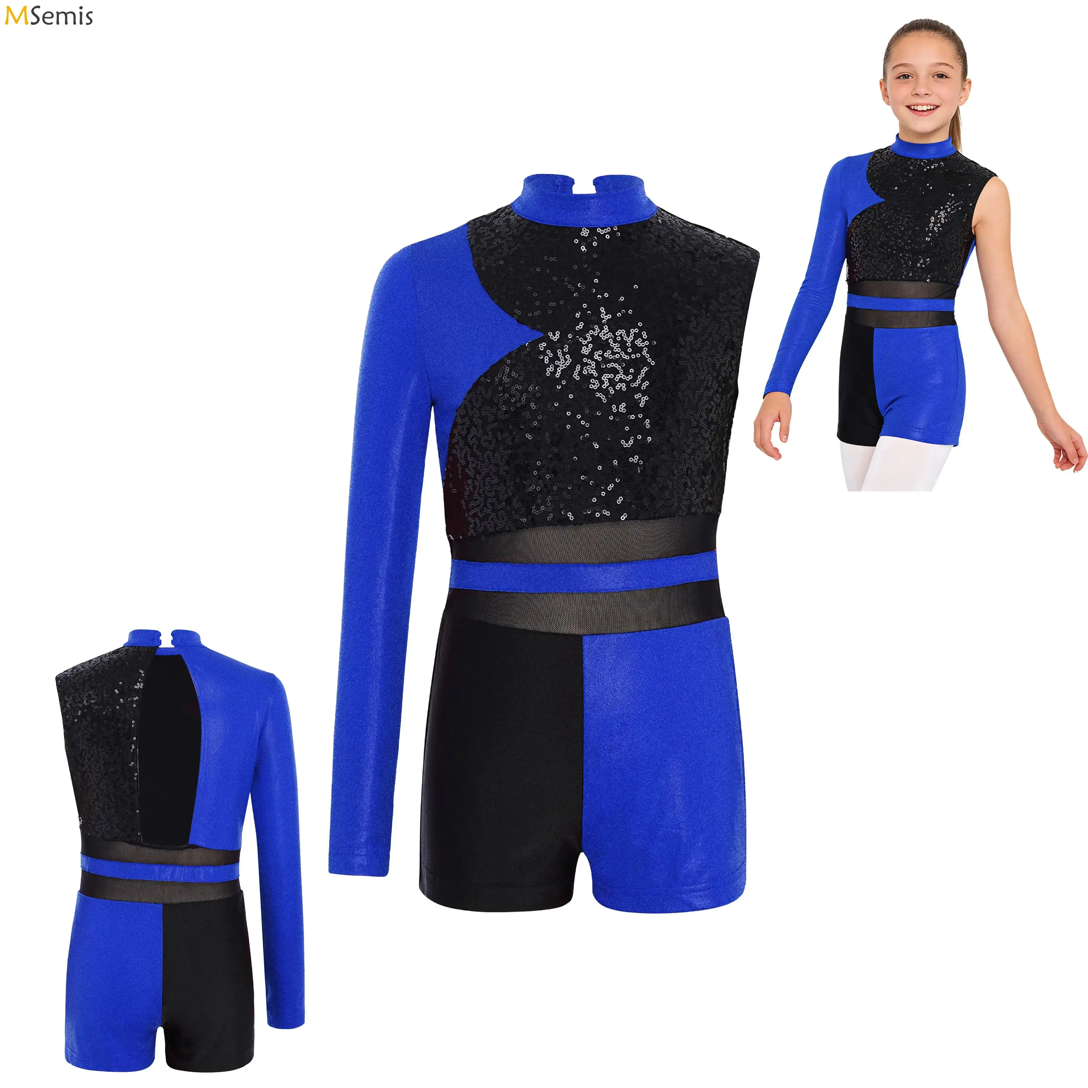 

Kids Girls Jazz Latin Dance Leotard Boyshort Asymmetrical Glittery Sequins Metallic Shiny Bodysuit Chacha Ballet Jazz Dancewear