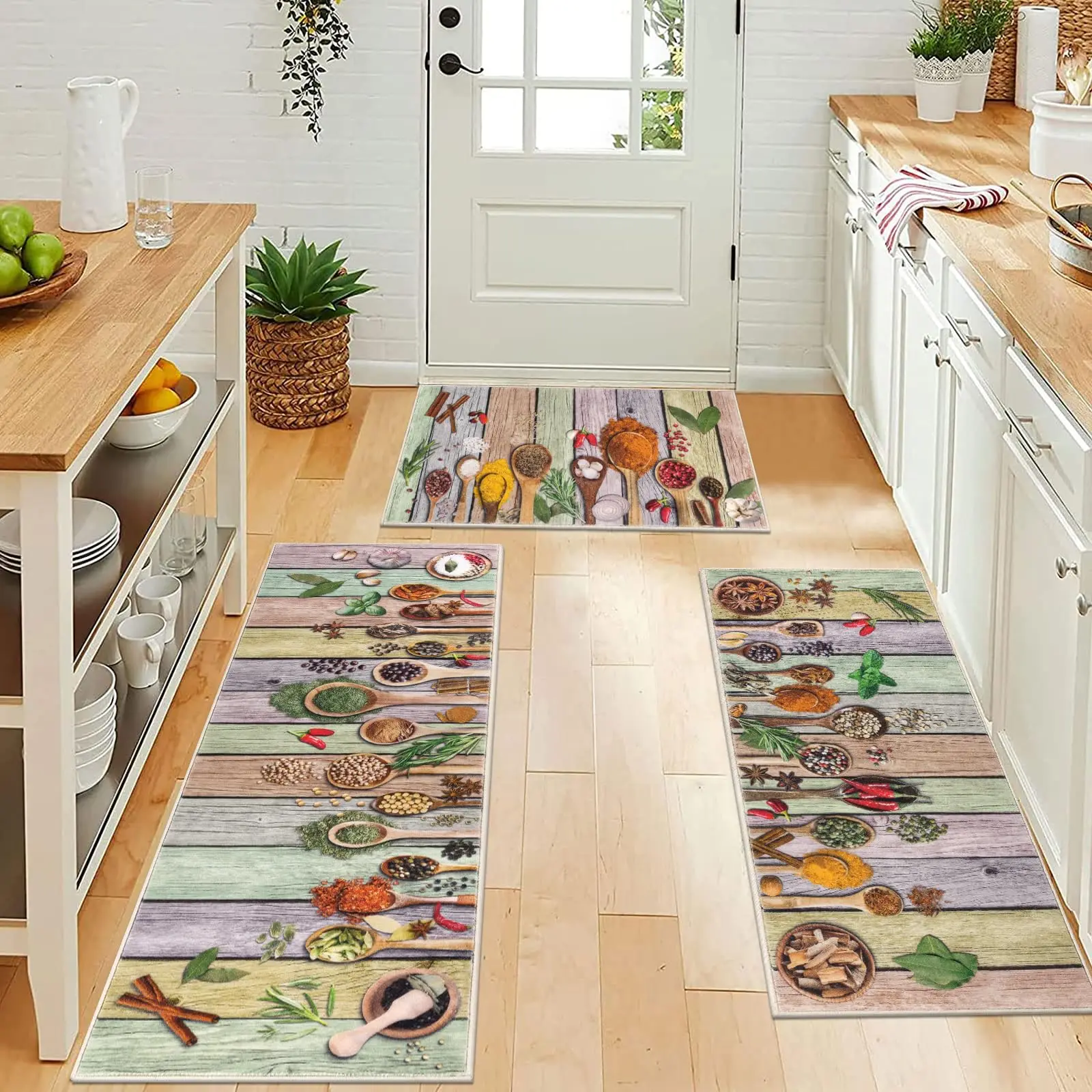 VIKAMA 3-Piece Bohemian Kitchen Rug Set Machine Washable Kitchen Mat Suitable for Floors Kitchen Rug Mat Ideal for Kitchens