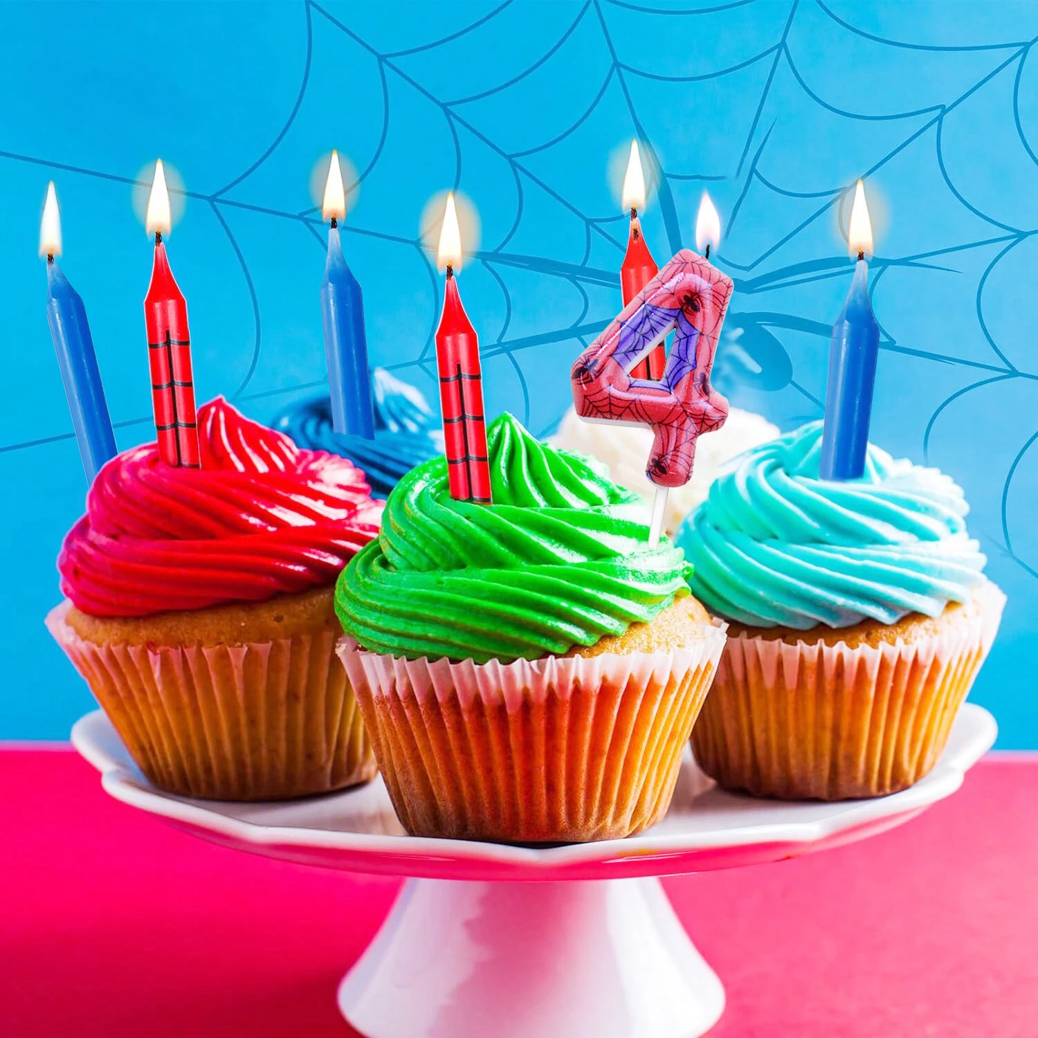 7Pcs Spider Birthday Candles Set,Red Blue Cake Numeral Candles,Number 0-9 Glitter Cake Topper Decoration for Party,1st 2cd 3rd 4