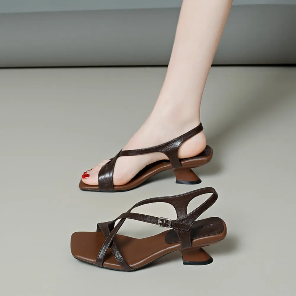 Aphixta Elegant Ladies Cross Ankle Strap Open Toe Sandals Unique Curved Wooden Block 5cm Mid Heel Summer Party Women Sandals