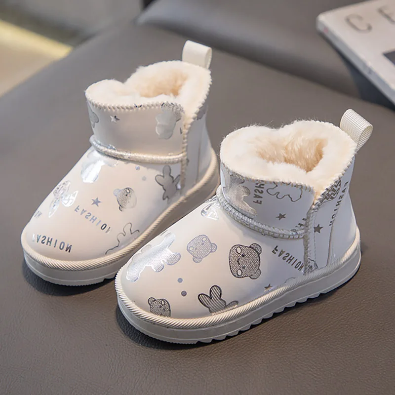 

Thick Warm Plush Boots For Children PU Leather Waterproof Boy's Girl's Cotton Shoes Anti-slippery Kid's Velvet Snow Boots