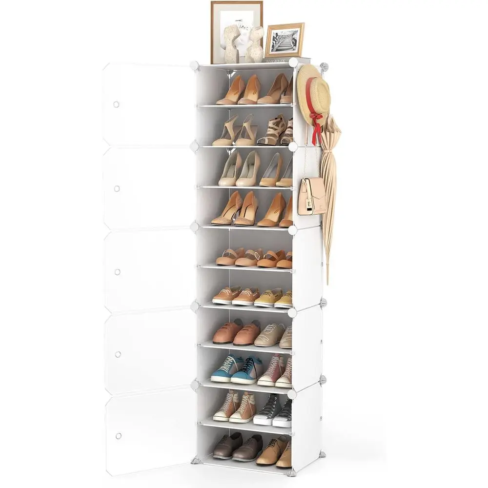 

10 Tiers Tall Shoe Rack 20 Pair Shoe Organizer Narrow Shoe Rack with Door Portable Shoe Storage Cabinet with Hooks Sturdy Plasti