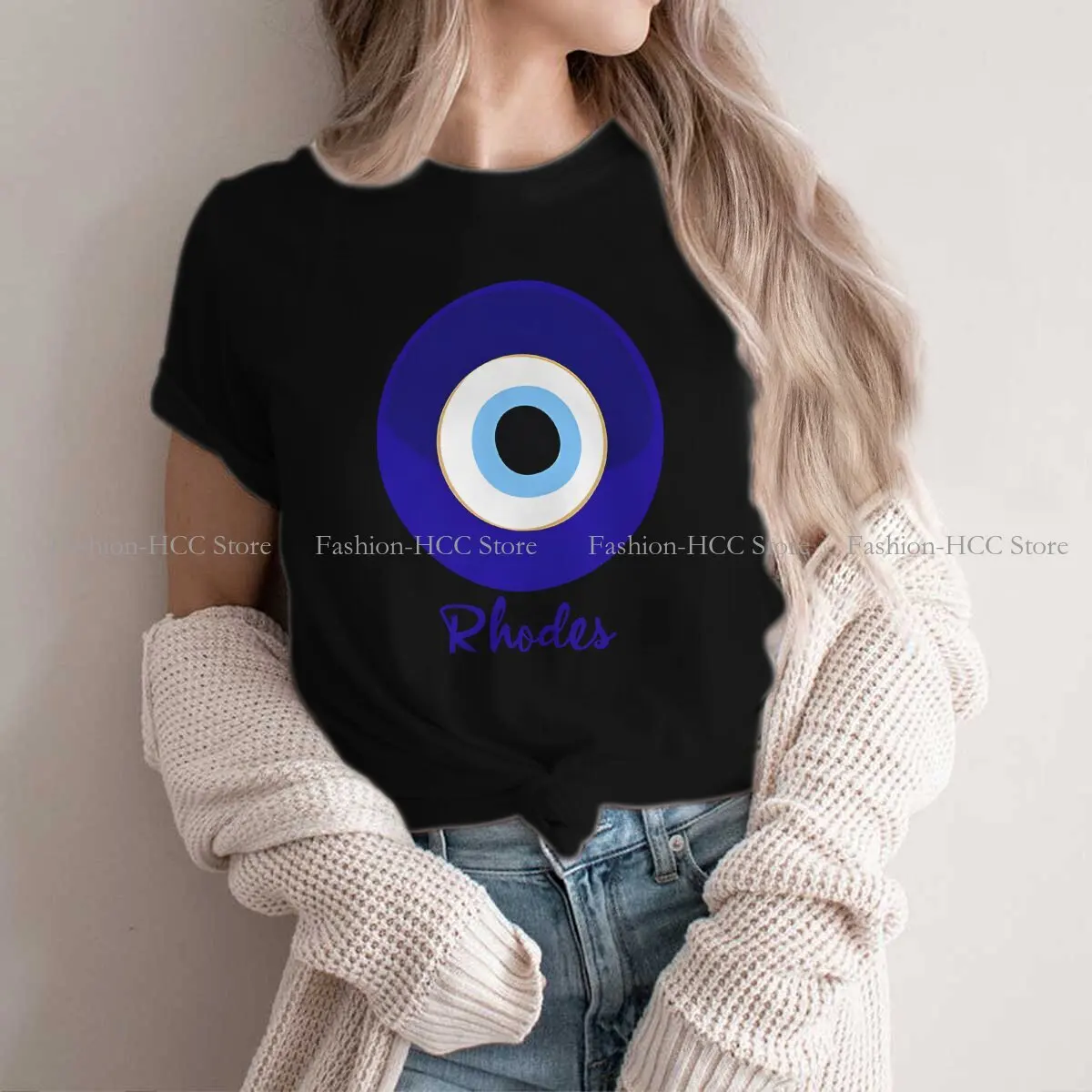 RHODES - GREECE, EVIL EYE, Mati Blue White. Graphic Polyester TShirt Evil Eyes Printing Streetwear Leisure T Shirt Women