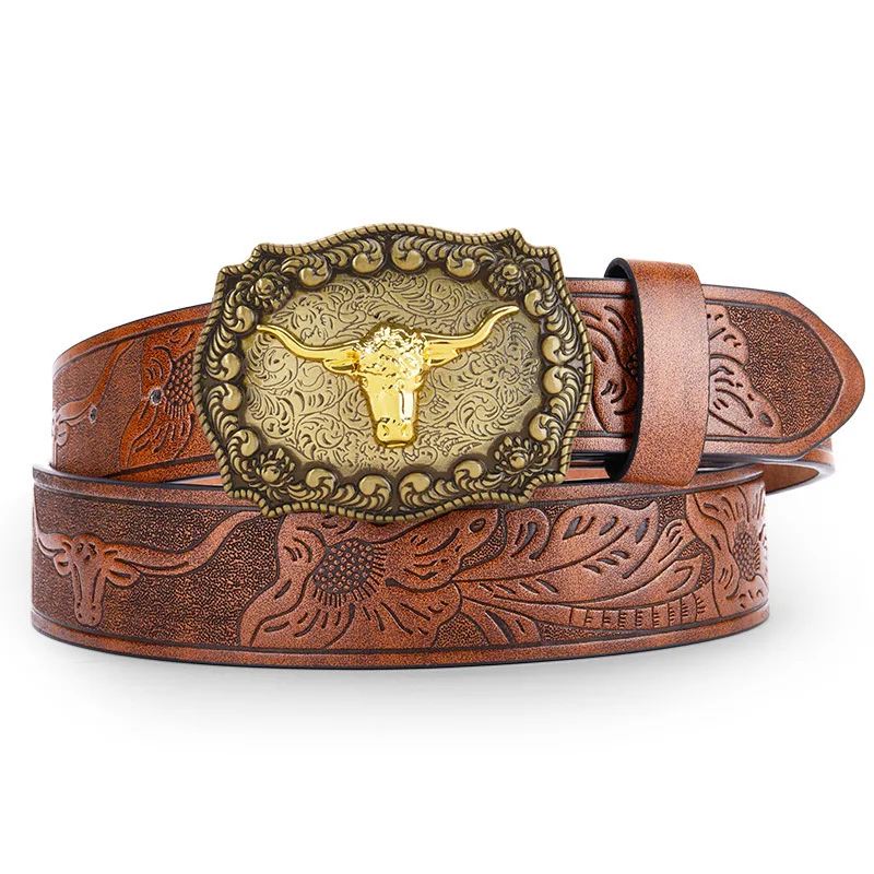 Men's and Women's Clothing — Western Cowboy Style PU Leather Belt — Vintage Belt with Printed Buckle for Jeans view 5
