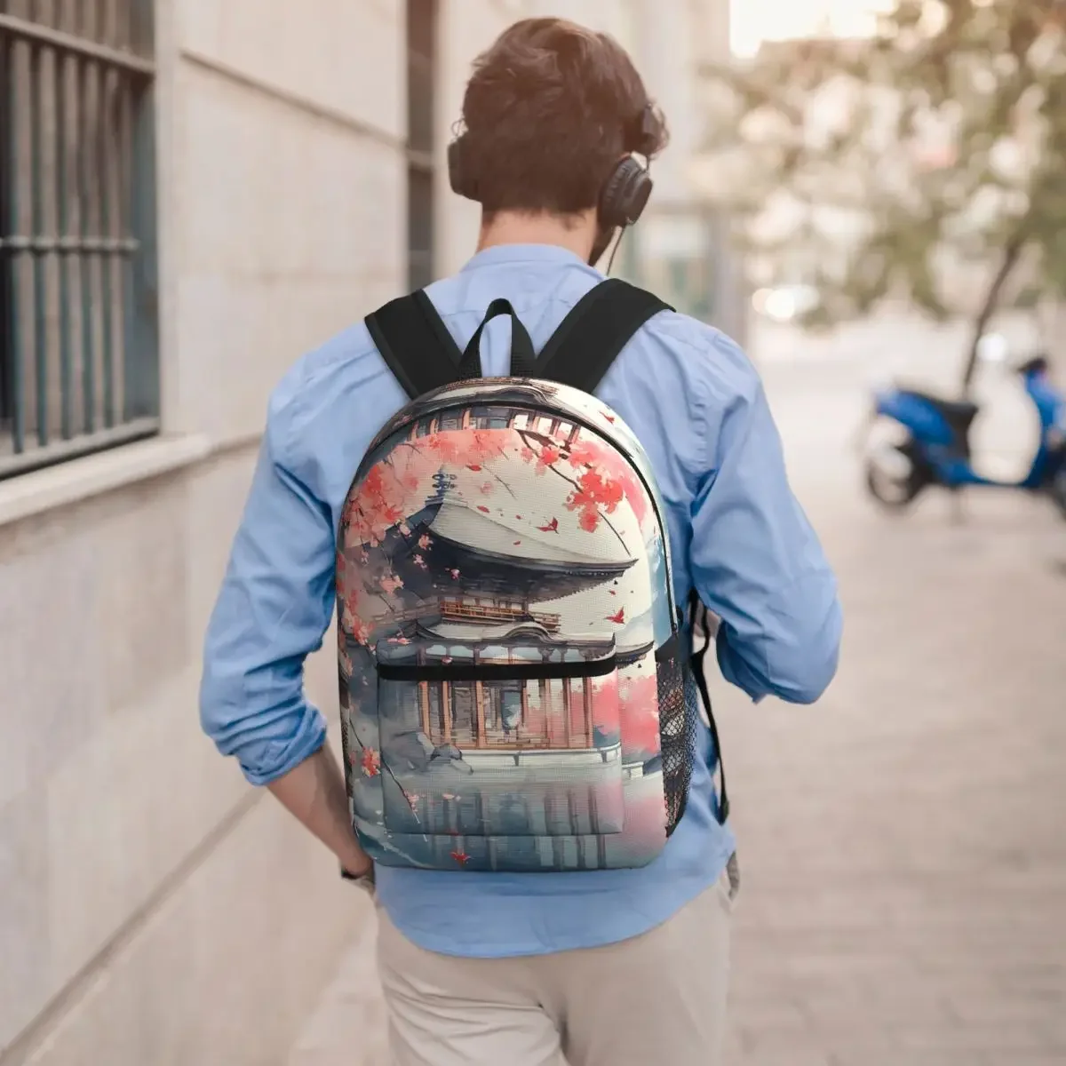 Traditional Asian Architecture With Cherry Blossoms Student Backpack School Bag Hiking Travel Daypack Bookbag Shoulder Bags