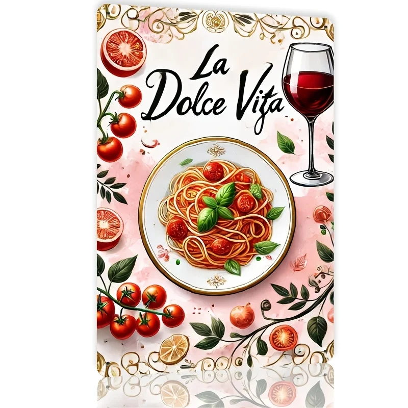 Letrero de pared de metal vintage La Dolce Vita Pasta y vino, decoración artística de hierro con diseño de albahaca de tomates para cocina/comedor/bar
