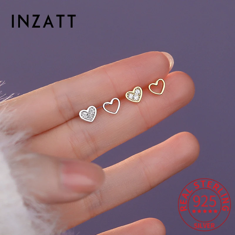 

INZATT 100% 925 Sterling Silver Zircon Tiny 5*6mm Heart Stud Earrings for Women Trendy Fine Jewelry Asymmetric Accessories