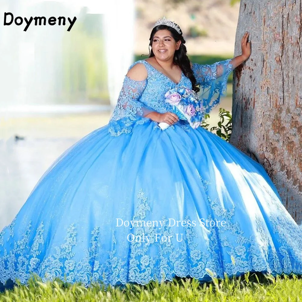 Doymeny Long Puff Sleeve Quinceanera Dress Appliques Beaded Tulle Sweep Train Sweet 16 Dress Vestidos De 15 Birthday Party Gowns