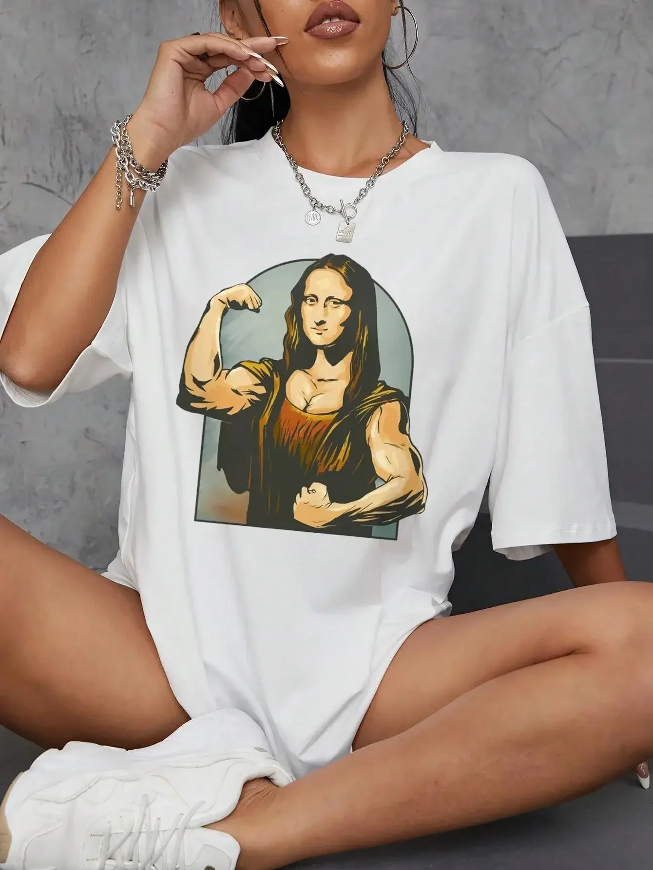 Playing Pranks On Mona Lisa Fitness Print Womens T Shirt Oversized Casual T-Shirt Casual Short Sleeve Cotton Loose Tshirt