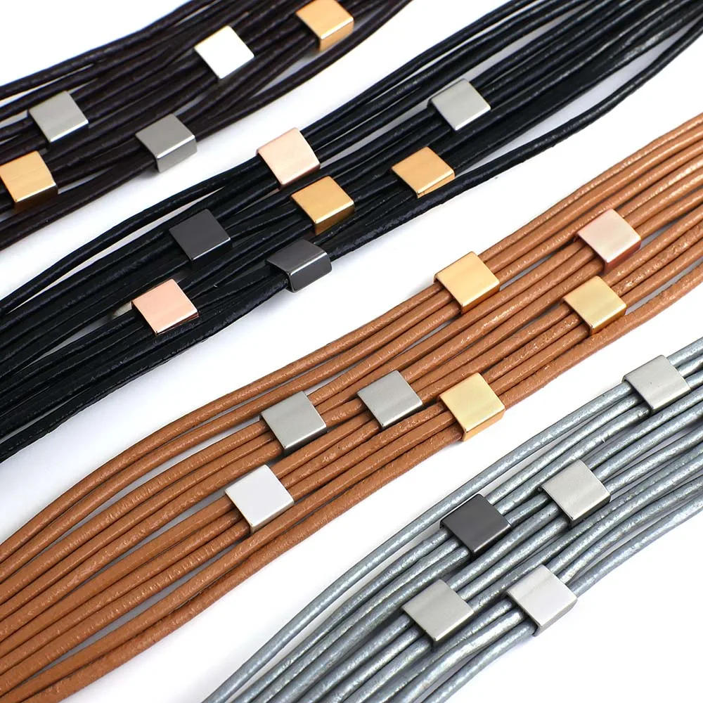 ALLYES Trendy Two Tone Square Cube Leather Bracelet for Women Bohemian Multilayer Slim Strips Wrap Bracelets Charm Jewelry