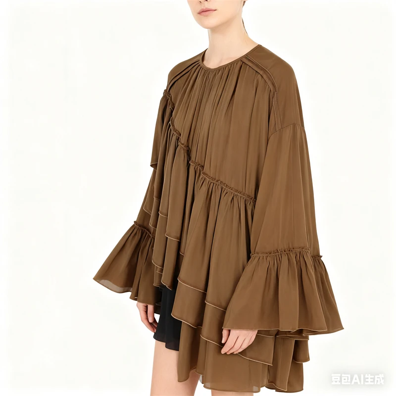 

Boho Style Asymmetric Chiffon Blouse - Women's Flared Sleeve Ruffle Decor Loose Top