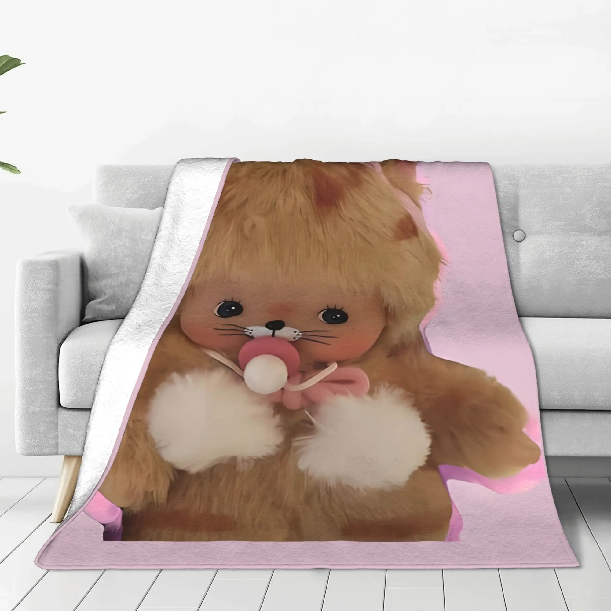 1PC Home Cutecore Cute Pink Kawaii Monkey M-Monchhichi Blanket Super Cosy Plush Home Living Room Sofa Halloween