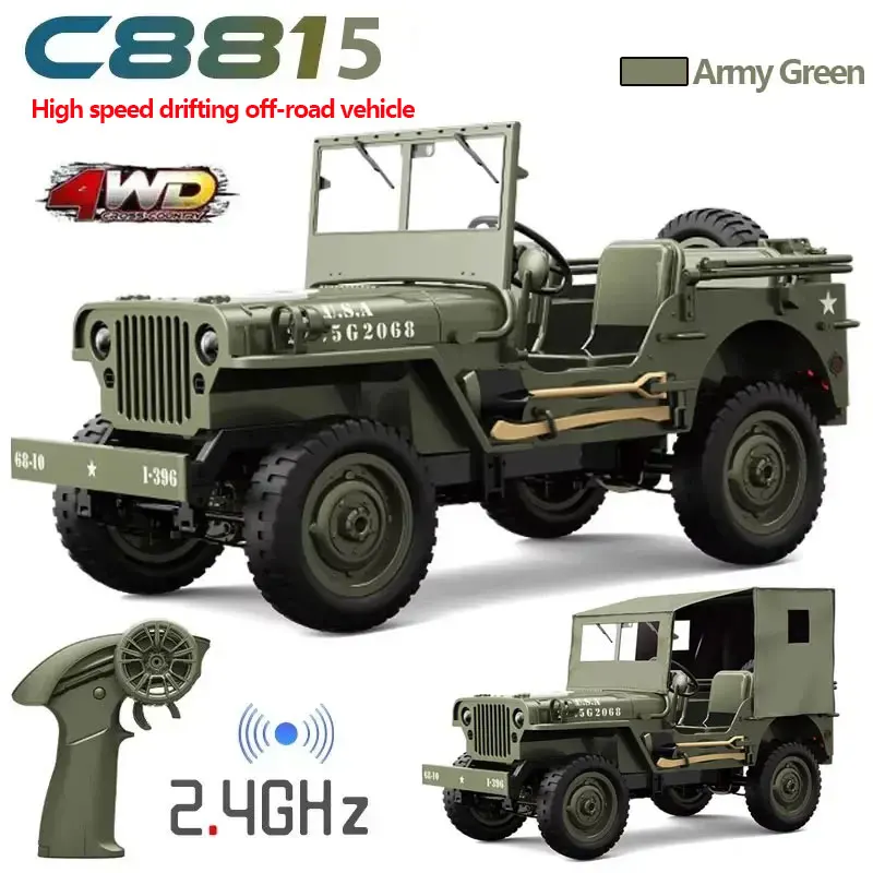 C8815 1/10 WILLYS JEEP 2.4G Rc Car 1941 4WD RTR Crawler Climbing Scale Military Truck Offroad Vehicle Adult Toys Gift For Kids