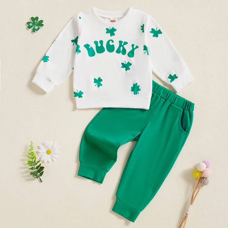 

St Patrick s Day Matching Outfit Green Shamrock Print Crew Neck Sweatshirt with Sweatpants Set for Baby Boys and Girls Long