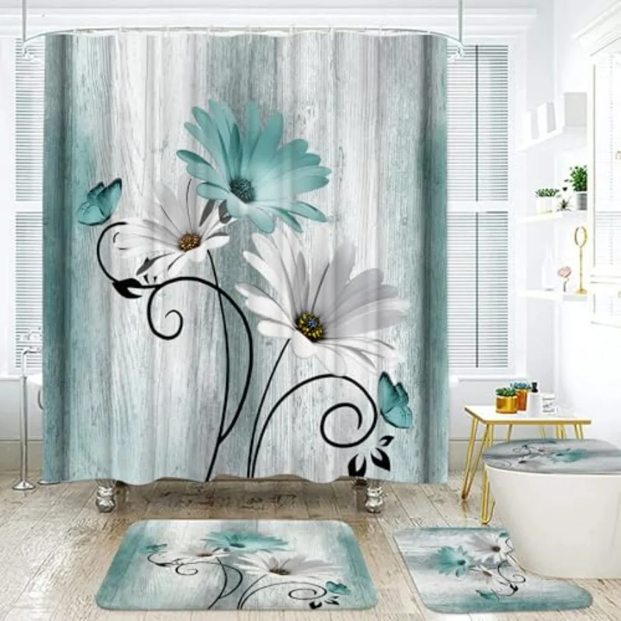 

Onalasyc 4PCS Teal Daisy Country Farmhouse Shower Curtain Set with Shower Curtain and Carpet and Accessories Waterproof Bathroo