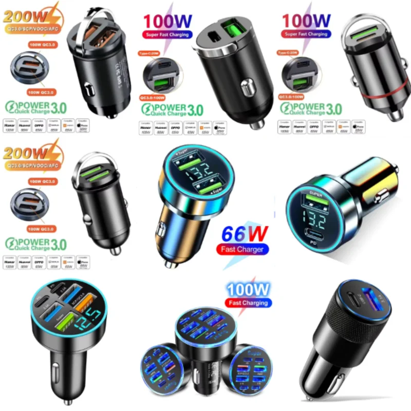 2026 200W mini car charger fast charging for iPhone QC3.0 mini PD USB Type C car mobile phone charger for Xiaomi Samsung Huawei