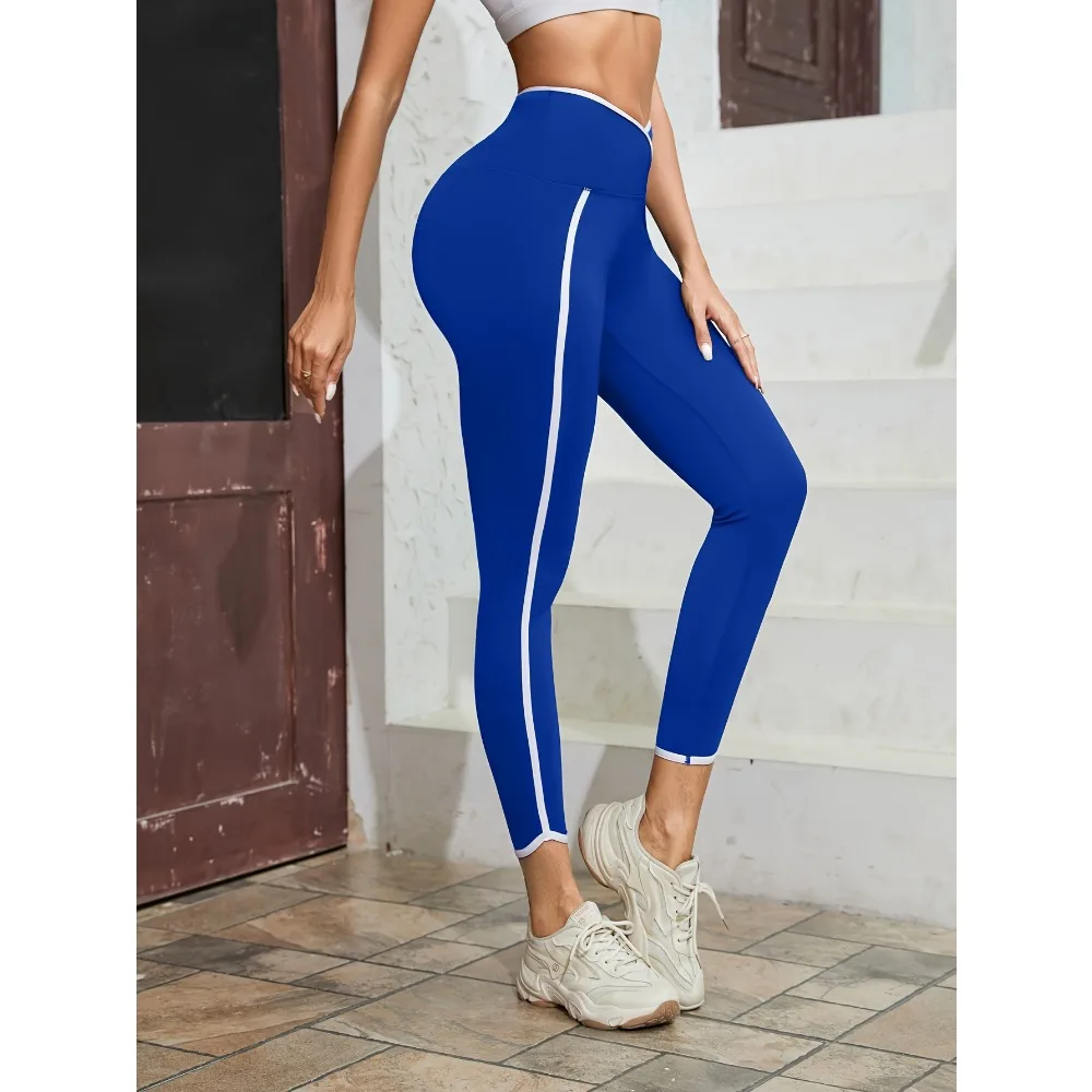 Cross-waist Contrast Color High-waist Sports Leggings, Running Exercise Fitness Yoga Leggings, Autumnwinter Womens Sportswear