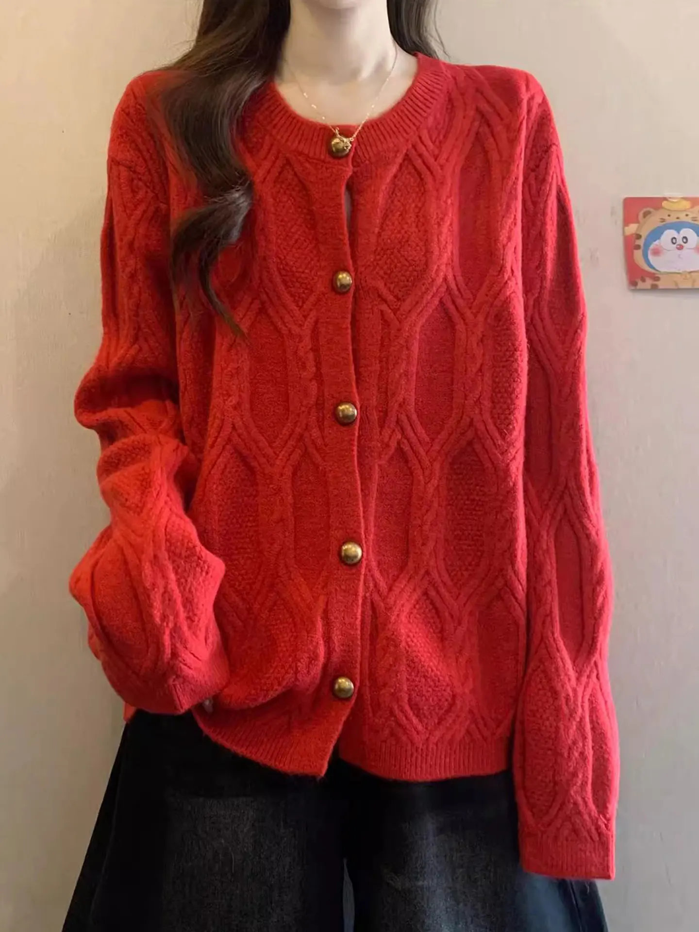 

Red Long Sve Knitted Sweater Coat Casual Loose Fit Women's Faion plus Size Autumn Winter Outerwear Comfortable Knitwear