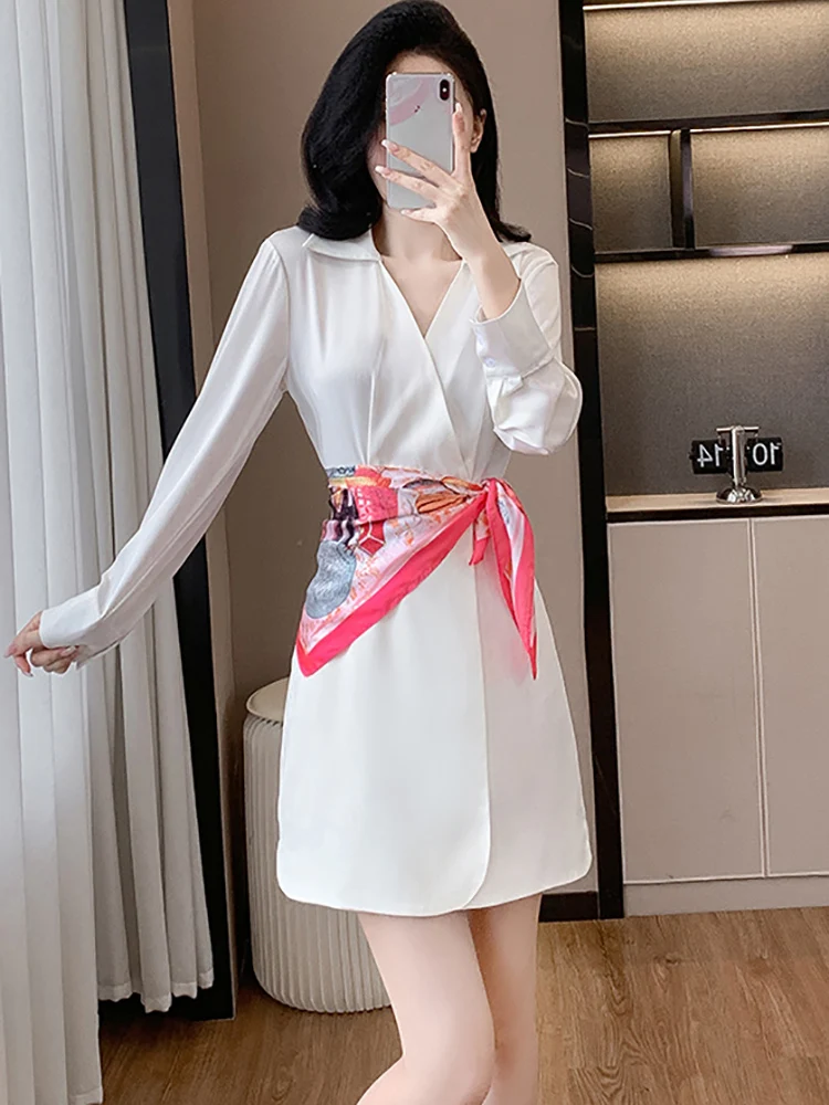 Frühling Herbst Weiß Langarm Chic Hemd Kleid Frauen Elegante Bandage Kurzes Kleid 2025, Koreanische Mode Bodycon Chic Party Kleid