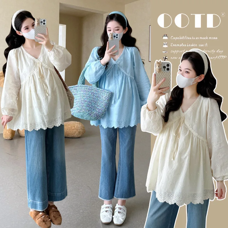 

2025 Ethereal V-Neck Pregnancy Blouse Autumn Korean Style Long Sleeve Top Flowy Flattering Feminine Chic Maternity Shirt