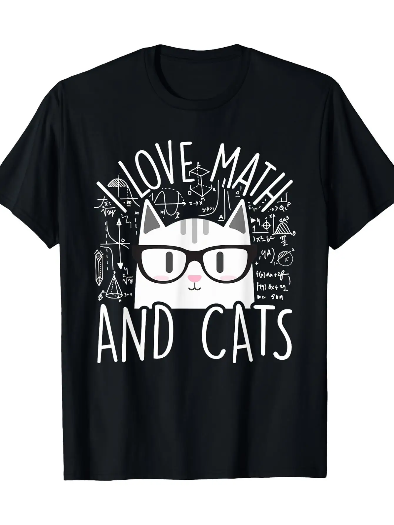 T-shirt I Love Math Cats - T-shirt décontracté à manches courtes en coton doux à 100 % avec imprimé symboles mathématiques chaton, col rond, idéal pour un cadeau