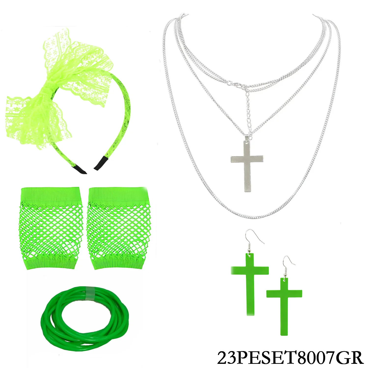PESENAR personagem dos anos 80 vestir-se cabeça verde fluorescente fivela colar brincos pulseira luvas cinco peças