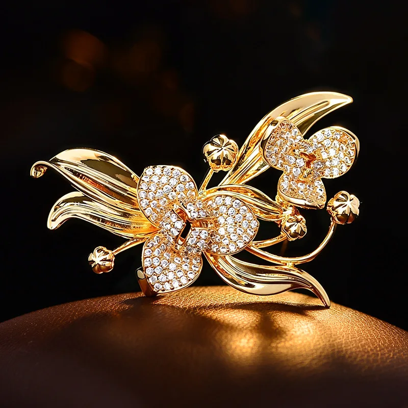 Chinese Style Lucky Auspicious Golden Flower Brooch Micro Pave Zircon Elegant Blossom Pin For Women Daily Party Wedding Jewelry