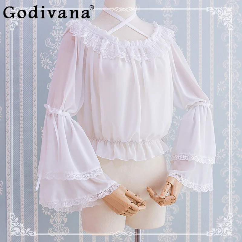 

Рубашка в стиле Лолиты с длинным рукавом, кружевная расклешенная рубашка, весна-лето, прозрачная ткань, универсальная возрастная блузка с разрезом на шее