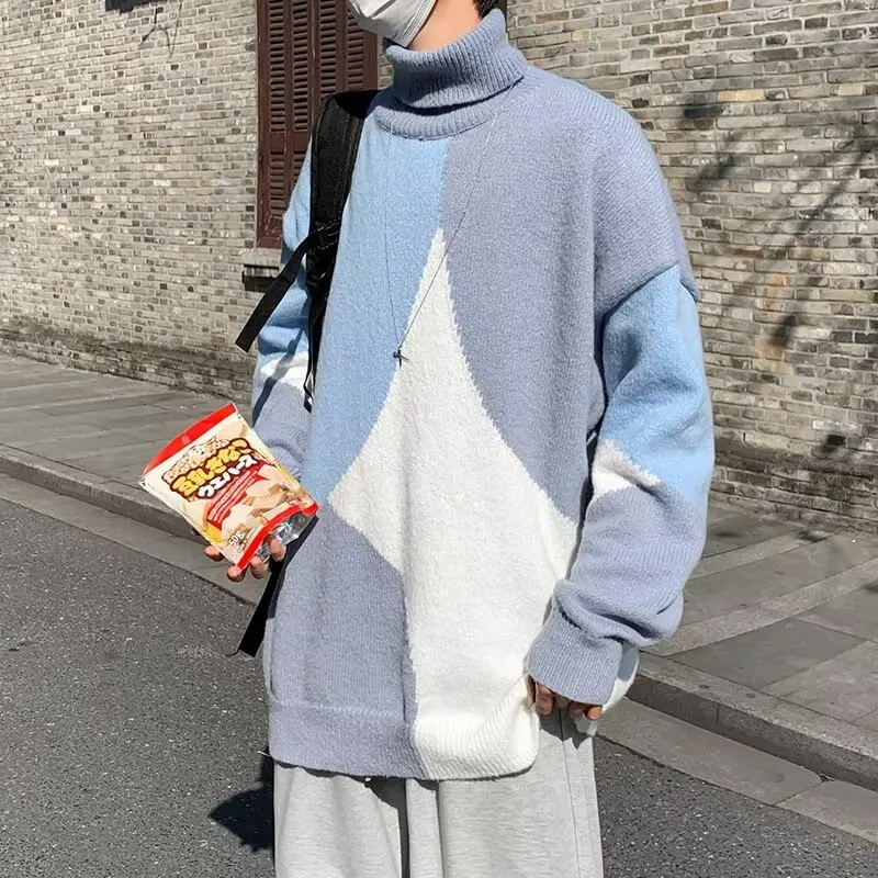 

Свободный мужской вязаный свитер с высоким воротником, оверсайз 250, сумка в стиле ретро, корейский Sle Lazy Faion, зимний повседневный свитер из полиэфирного волокна