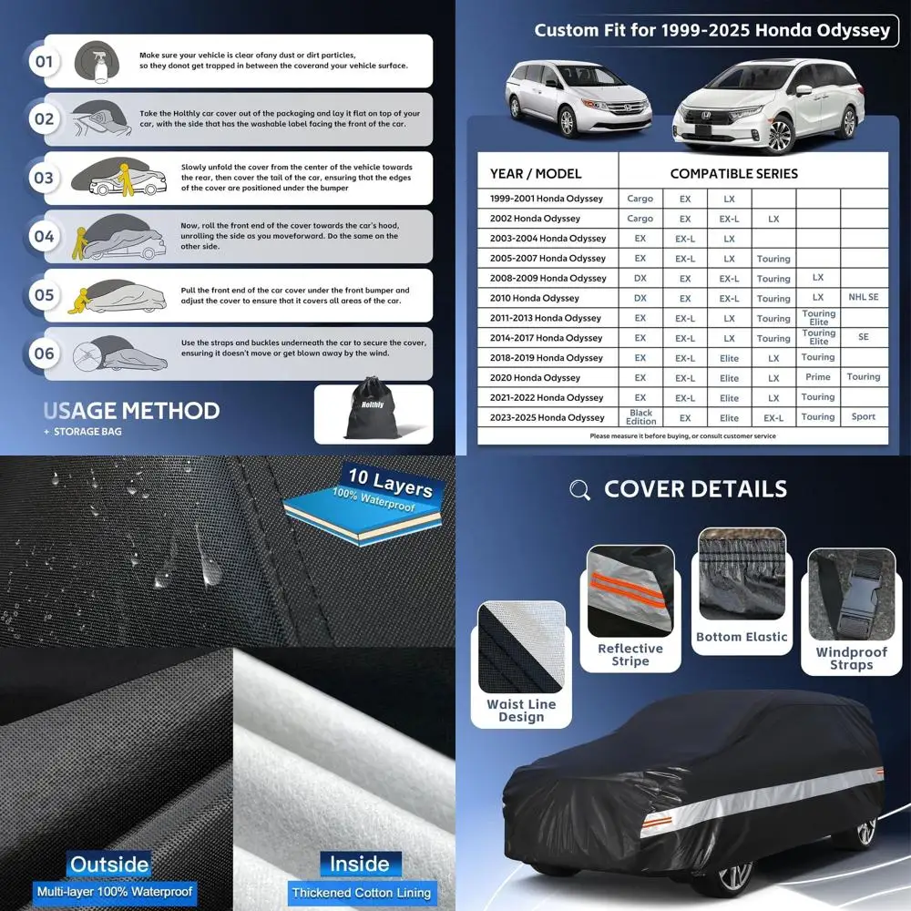 

Custom Tailored 10-Layer Odyssey Car Cover (1999-2024) - Waterproof, UV-Protected, All-Weather Protection for Outdoor Use, Black