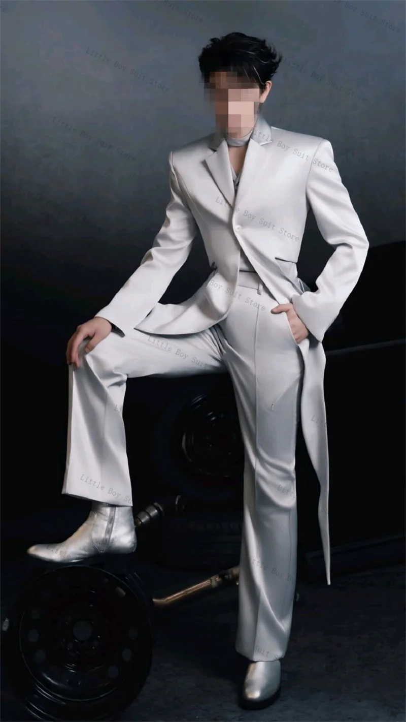 

Silver Satin Men Suit Set 2 Piece Long Jacket Blazer Pant Wedding Tuxedo Autumn Fall Formal Office Party Coat Customized