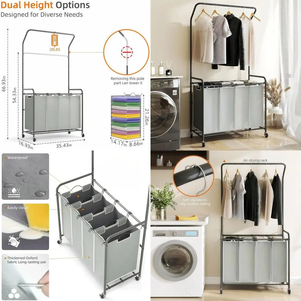 

4-секционный сверхмощный запираемый корзина для белья на колесах с подвесной стойкой - обновление 2025 г.