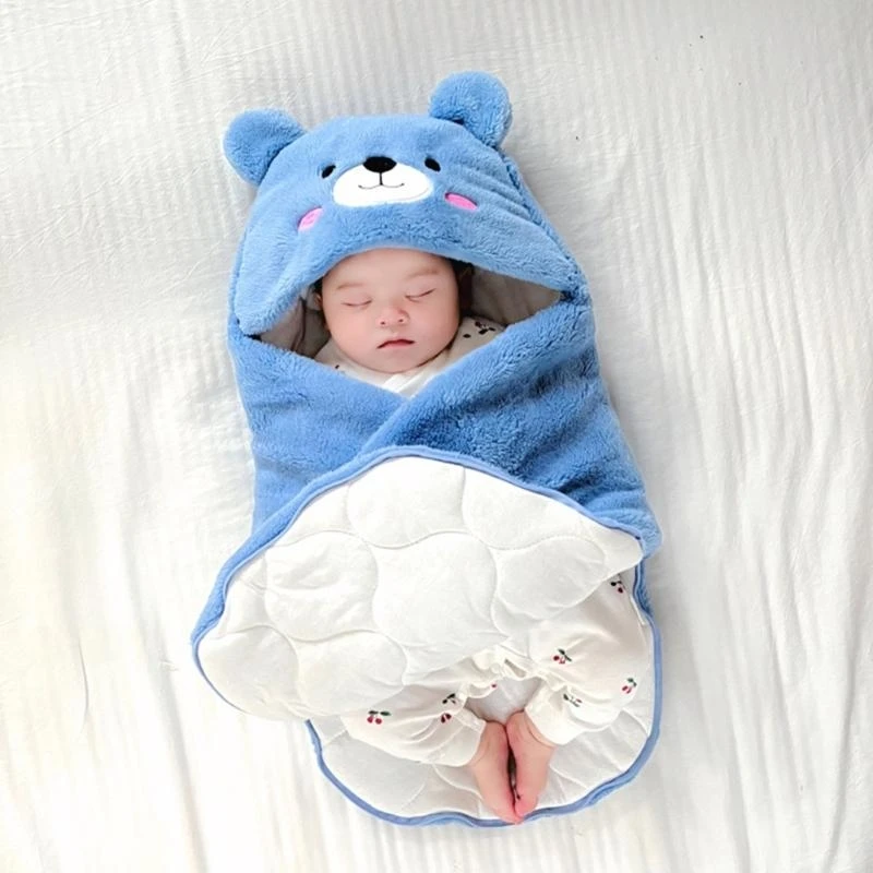 J15U الرضع التقميط بطانية للطفل مع تصميم مريح انغلق سهل تغيير حفاضات الكرتون الدب مقنعين منشفة ملفوفة #5