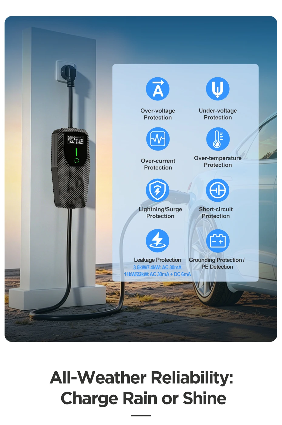 Junsun EV-Ladegerät Typ 2 Elektrofahrzeug-Ladekabel Schuko 3,5KW CEE Blau 7,4KW CEE Rot 11KW 22KW 16A 32A Dreiphasige Tragbare EVSE Wallbox-Ladestation für EU-Stecker – Detail 7