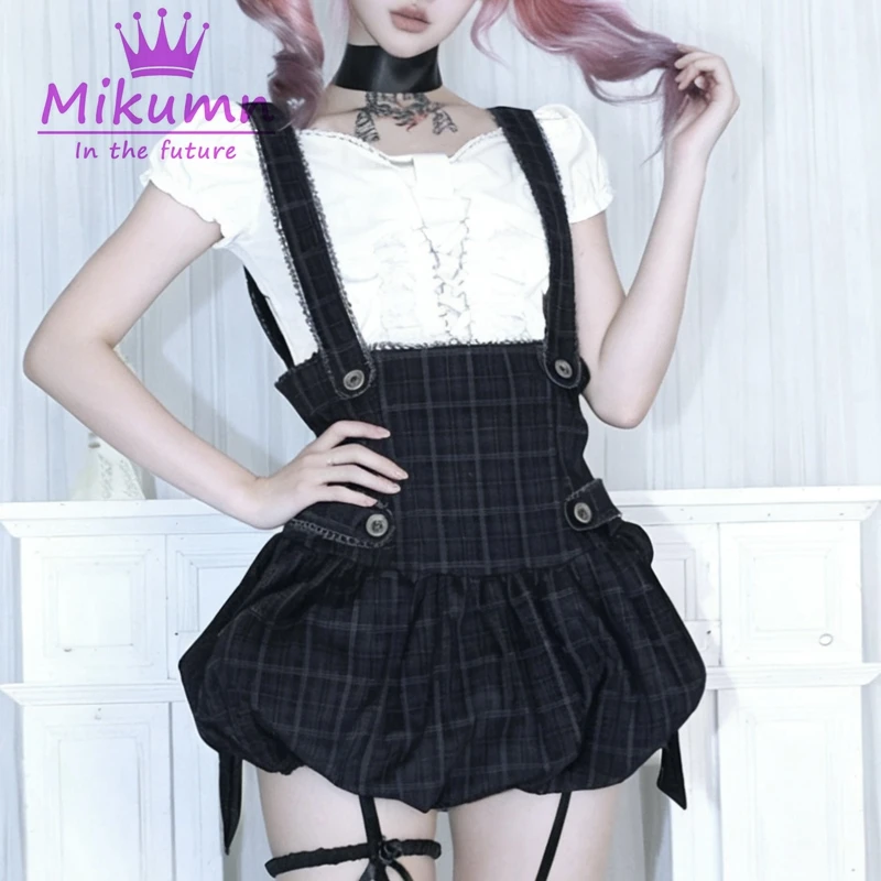 

Mikumn Harajuku Japanese Lolita Plaid Skirt Set Women White Lace-up Tee+Shorts+Bubble Skirt 3 Piece Sets Preppy Style Y2k Outfit