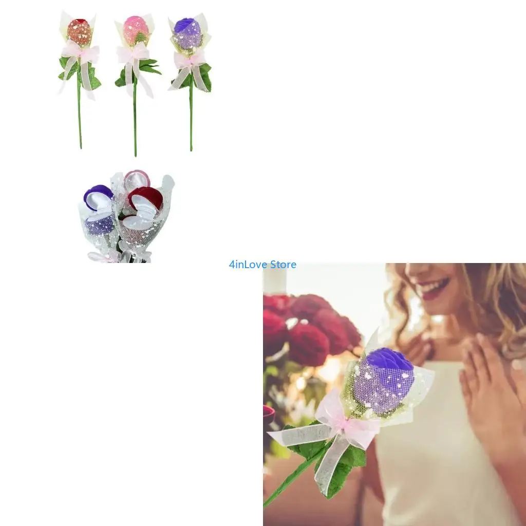 

T4MD Stylish Ceremony Rings Box Rings Display Box Rose Flower Jewelry Presentation Box Flocking Material for Storaging