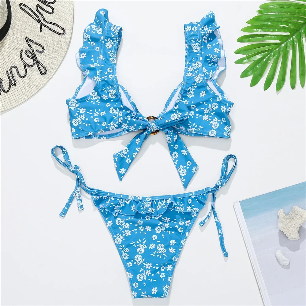 Vintage Floral Bikini Ruffles Swimsuit Bowknot Bandage Swimwear Women 2-Piece Micro String Tangas Beach Biquini Vacation Outfits