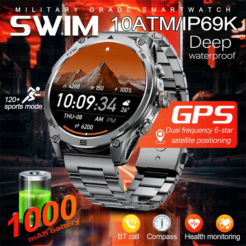 

2025 Men Outdoors Military GPS Sports Smart Watch 10ATM Waterproof Built-in Dual-Band GPS Compass Altimeter BT Call Smartwatches