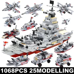 1068 PCS Military 8 IN 1 Army Ocean Cruiser Warship Building Blocks Aircraft Weapon Ship Bricks City Toys for Children