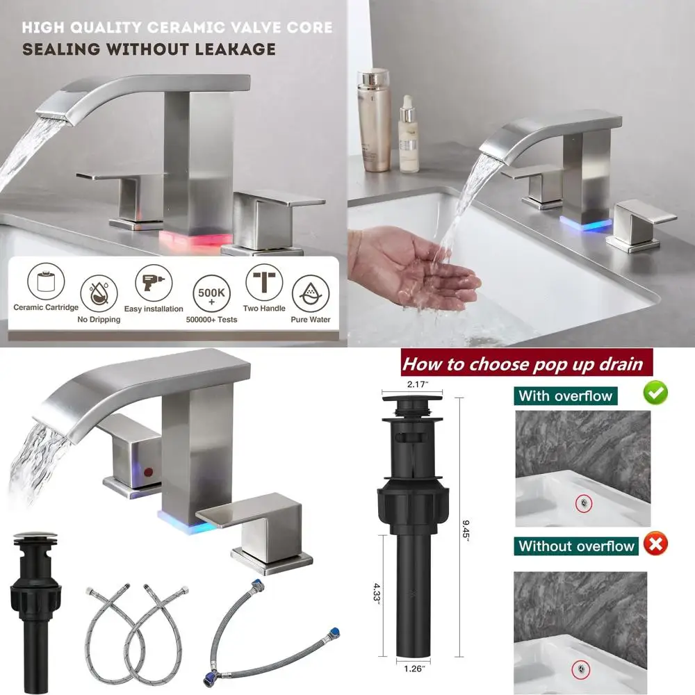 

Modern 8 Widespread 3-Hole Brushed Nickel Vanity Faucet with LED Waterfall and Touch Controls