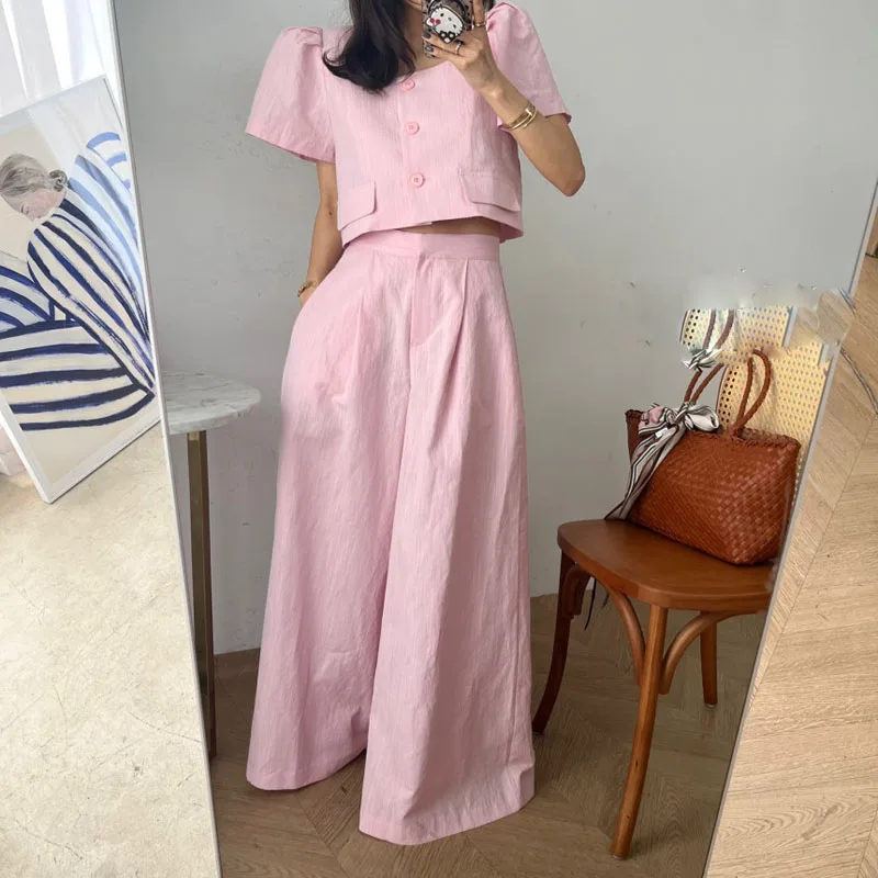 

Комплекты из двух предметов в Корейском стиле, женские укороченные топы с короткими рукавами и широкие брюки с высокой талией, женская уличная одежда, повседневная одежда