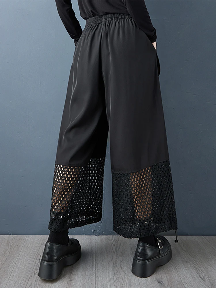Noir Vintage Patchwork maille taille haute pantalon à jambes larges femmes nouveau printemps automne décontracté pantalon ample mode Streetwear 2025