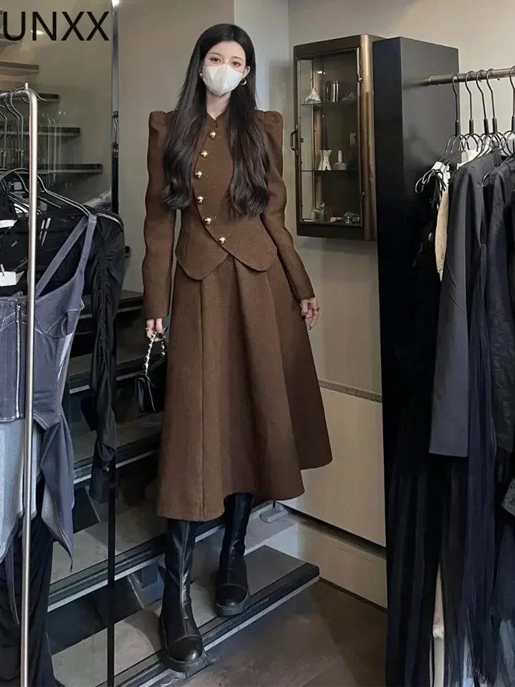 UNXX Women Suit Coat Dress 2 Pic Set Solid Korean Sweet Office Lady Autumn Winter Full Ruffled  Knee-Length Ladylike Women Suit