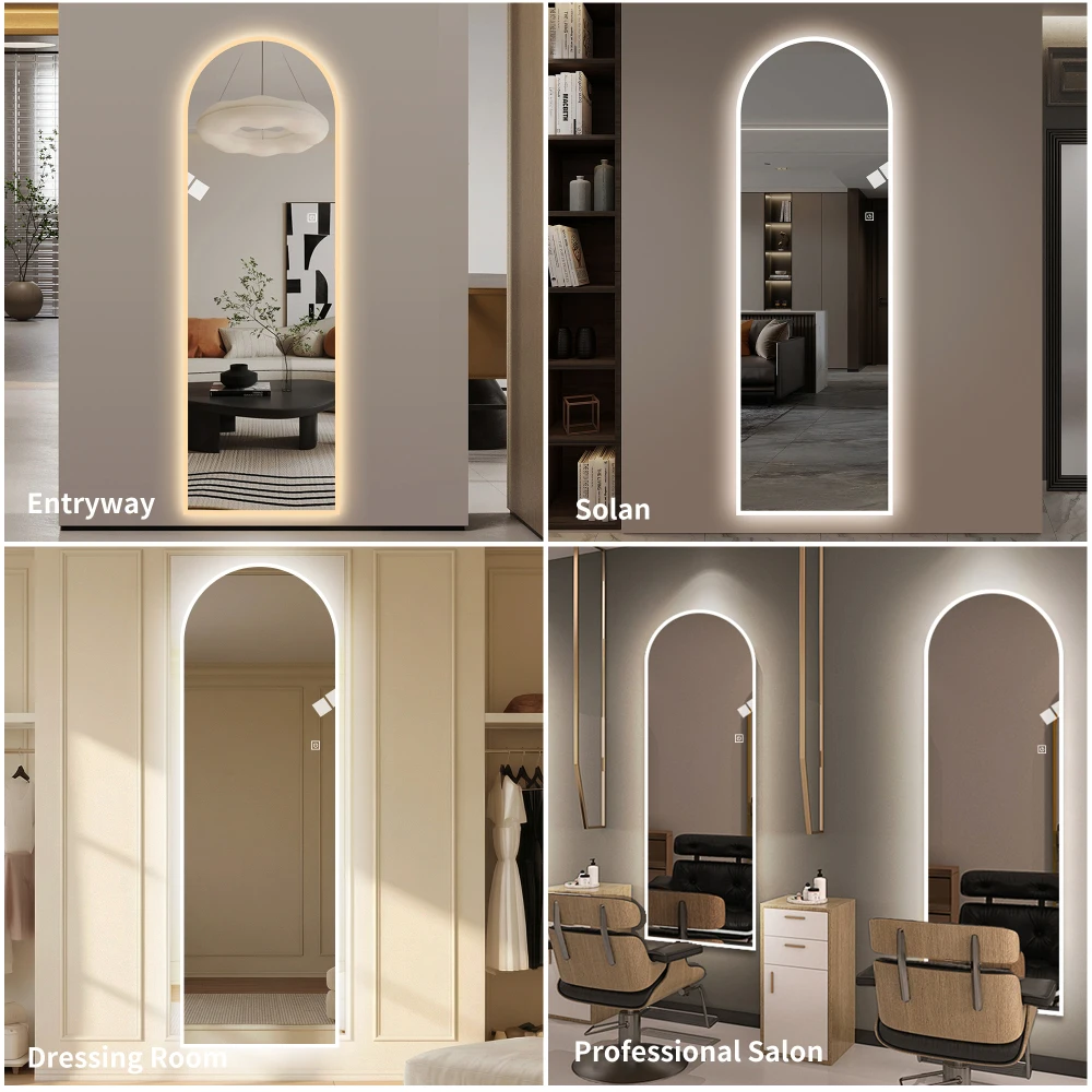 Orraves 65' X 21' LED Full Length Wall Mirror, Symmetrical Arch Design with Frosted Glass Border, Dimmable 3 Color Temperature Lighting, Copper-Free Silver Glass, Hardwired or Plug-In