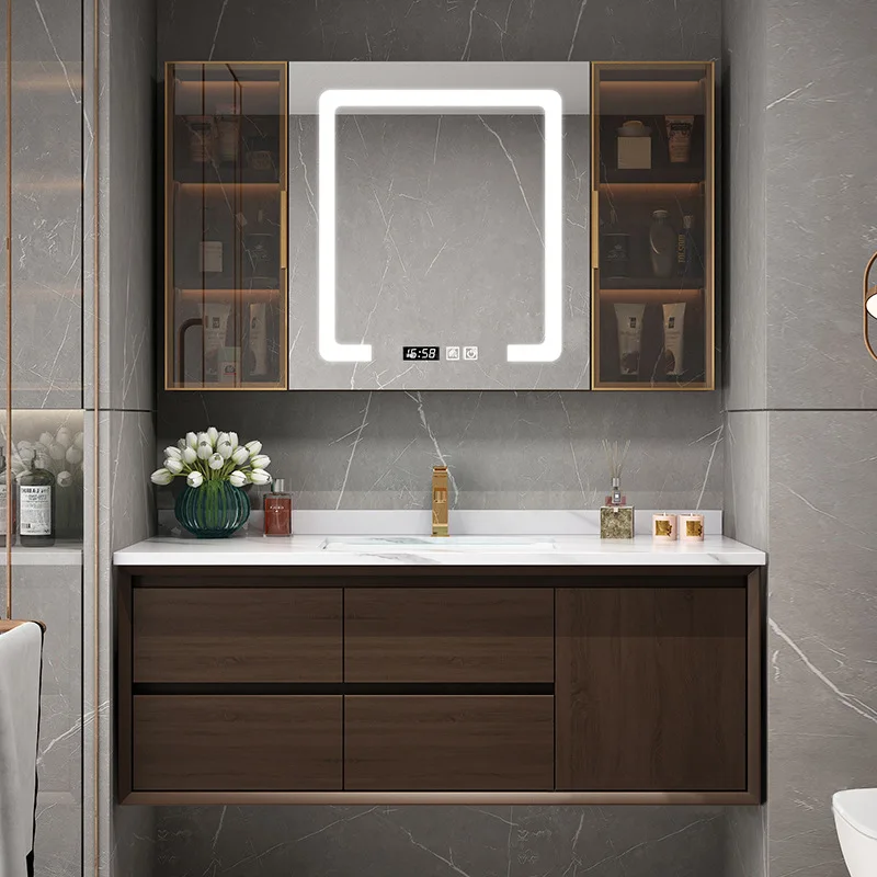 New Chinese bathroom cabinet Modern simple washbasin cabinet combination Solid wood hand wash station Bathroom smart mirror cabi